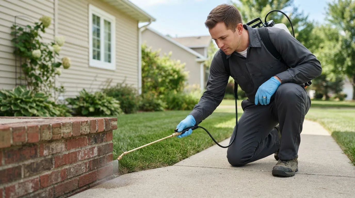 Pest control technician treating a home near Cumberland Foreside, ME