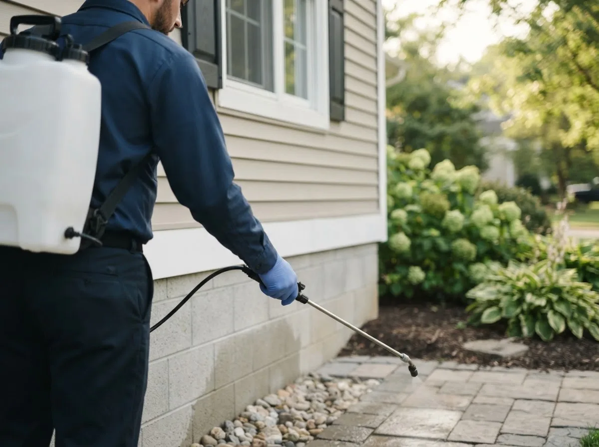 Pest control technician inspecting a home in Cumberland Foreside, ME